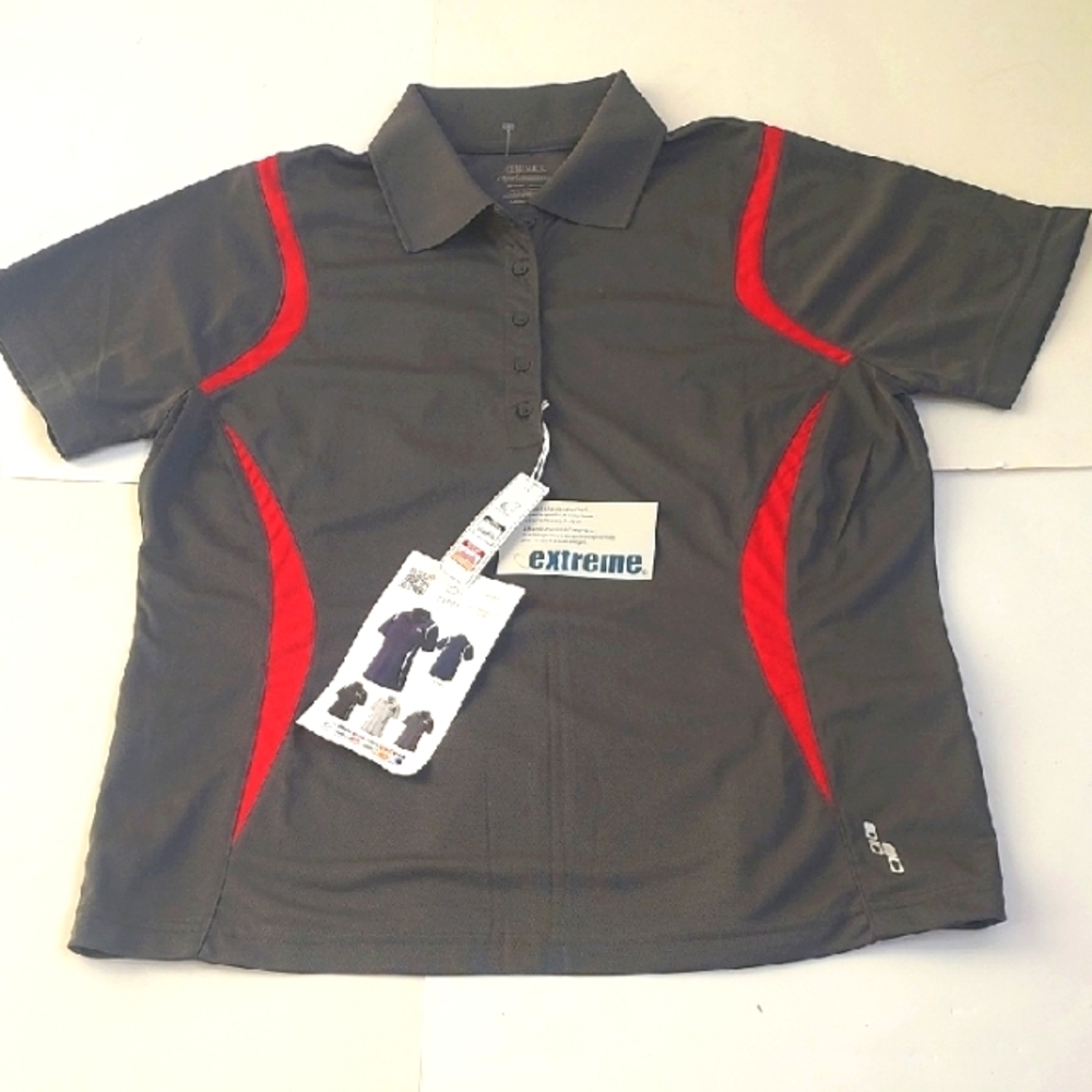 NWT Ladies Extreme Performance Gray/Red Wicking Anti-Snag Polo Shirt Size L
